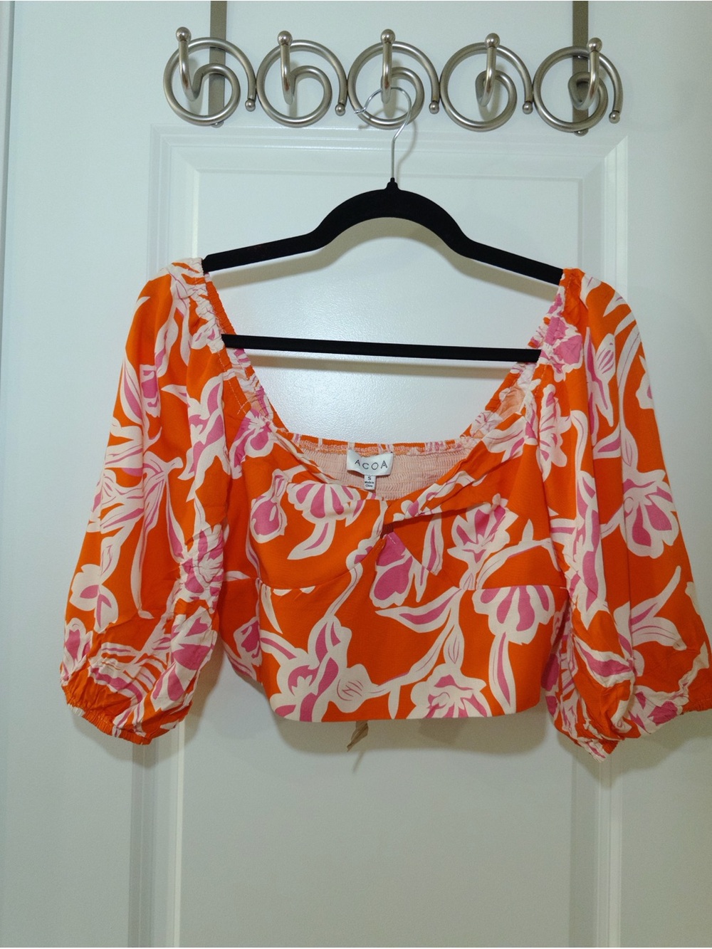 ACOA Orange Floral Puff-Sleeve Crop Top